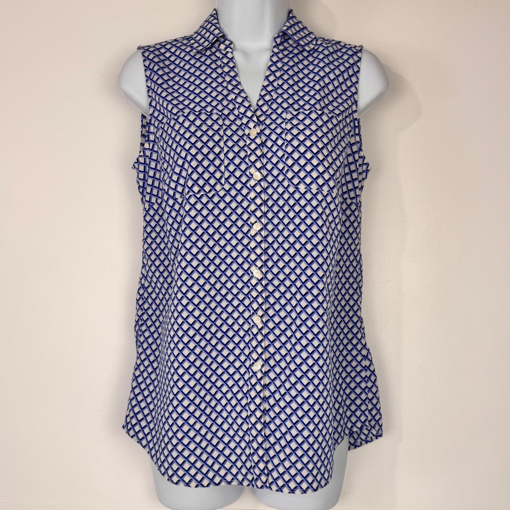 Talbots Top Women SP Blue White Sleeveless Button Down Geometric Career Blouse